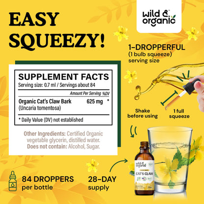 Wild & Organic Cats Claw Herb Supplement - Immune Support - Pure Cats Claw Tincture - Add to Tea Liquid Drops - Uncaria Tomentosa Bark - Vegan, Sugar & Alcohol-Free - 4 fl oz - PrimeBioHealth - canada supplements