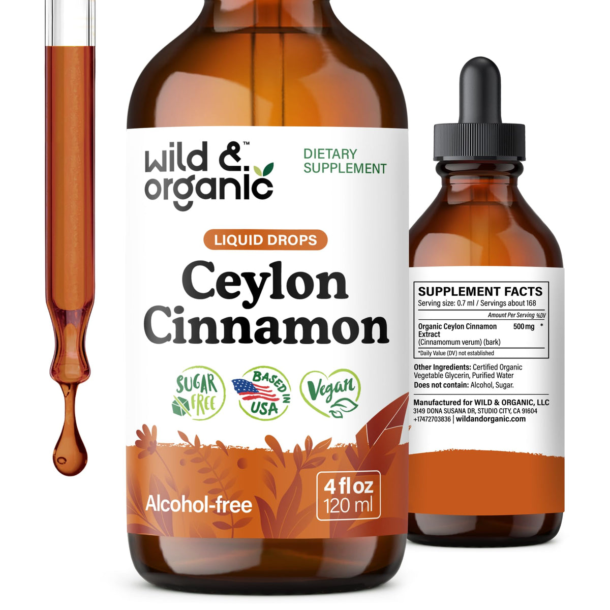 Wild & Organic Ceylon Cinnamon Supplements 500mg - Antioxidant Support - Ceylon Cinnamon Drops - Add to Tea Liquid Extract - Cinnamomum Verum Bark - Unflavored, Sugar & Alcohol-Free Tincture - 4 fl oz - PrimeBioHealth - canada supplements