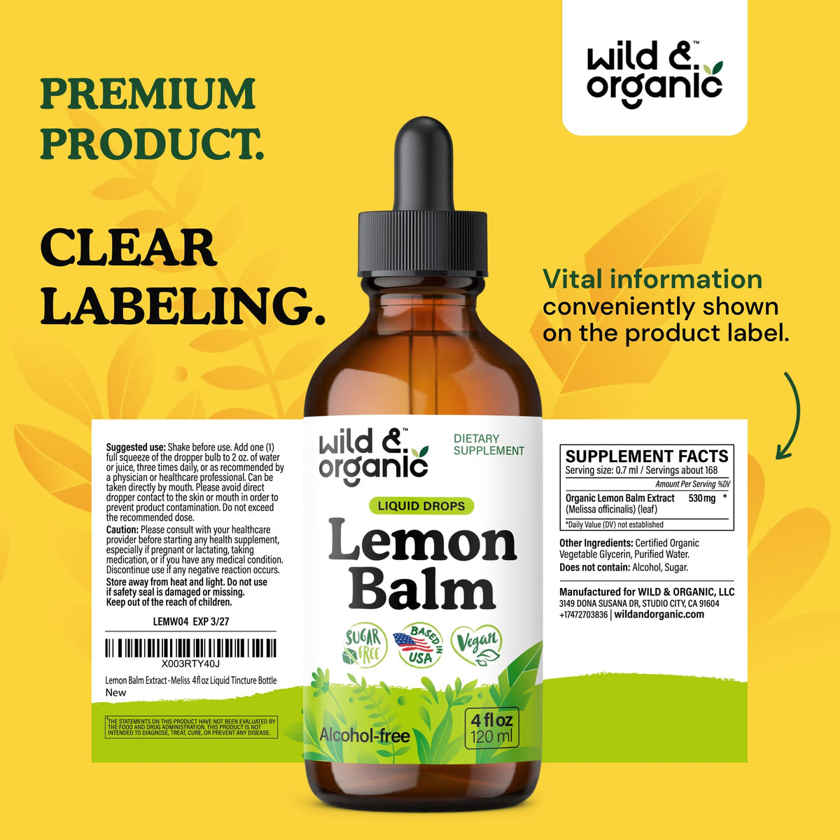 Wild & Organic Lemon Balm Tincture - Good Mood Support - Melissa Lemon Balm Extract Drops - Add to Tea for Relaxation - Vegan, Sugar & Alcohol-Free Leaf Supplement - 4 fl oz - PrimeBioHealth - canada supplements
