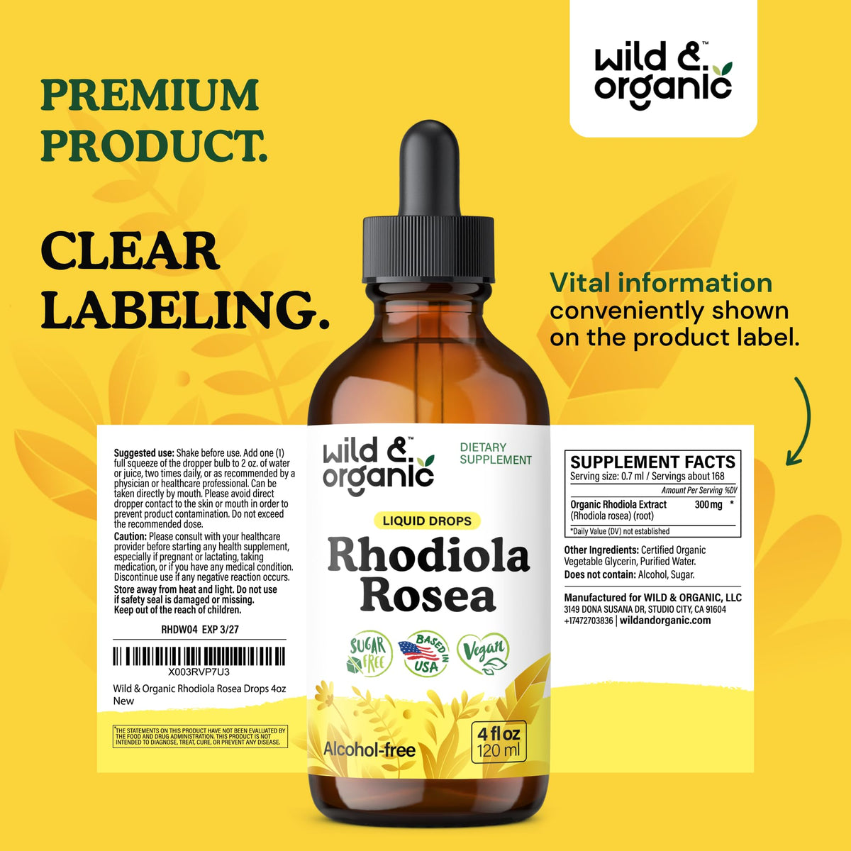 Wild & Organic Rhodiola Rosea Tincture - Rhodiola Rosea Supplement for Mood Support - Relaxing Root Extract Liquid Drops - Vegan, Sugar & Alcohol-Free - 4 fl oz - PrimeBioHealth - canada supplements