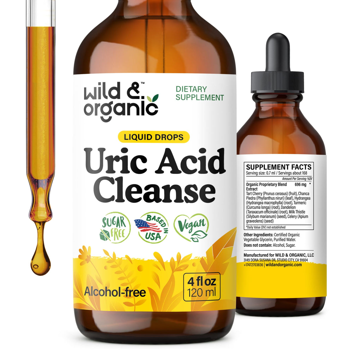 Wild & Organic Uric Acid Cleanse Liquid Drops - Tart Cherry, Turmeric, Celery, Chanca Piedra, Dandelion Root Extract Complex - Uric Acid Supplement - Vegan, Sugar & Alcohol-Free Tincture - 4 fl oz - PrimeBioHealth - canada supplements
