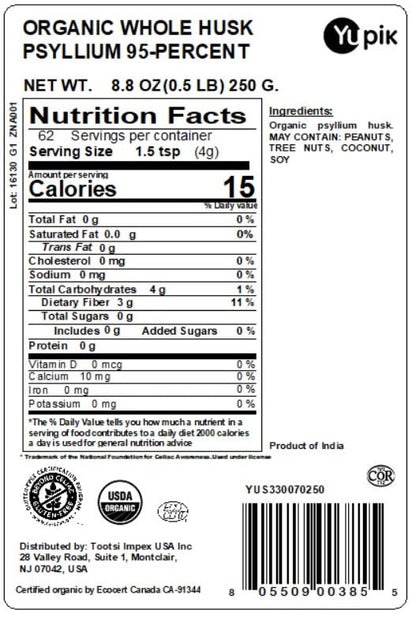 Yupik Organic Whole Husk Psyllium 8.8 Oz, 95% Purity, Soluble Fiber, USDA Certified, Non-GMO, Kosher, Gluten-Free, Sugar-Free & Fat-Free, Unflavored - PrimeBioHealth - canada supplements