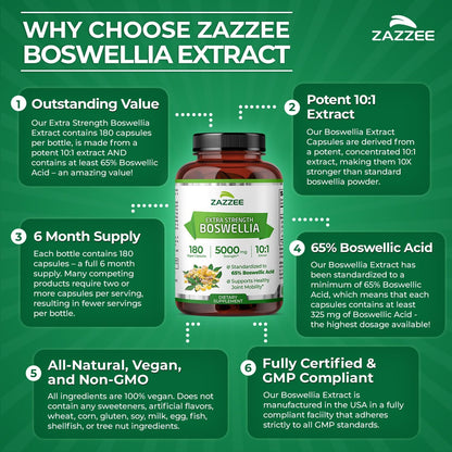 Zazzee Extra Strength Boswellia 10:1 Extract, 65% Boswellic Acid, 180 Vegan Capsules, 6 Month Supply, Boswellia Serrata, Joint Comfort, Mobility & Flexibility Support, Non-GMO, Made in the USA - PrimeBioHealth - canada supplements