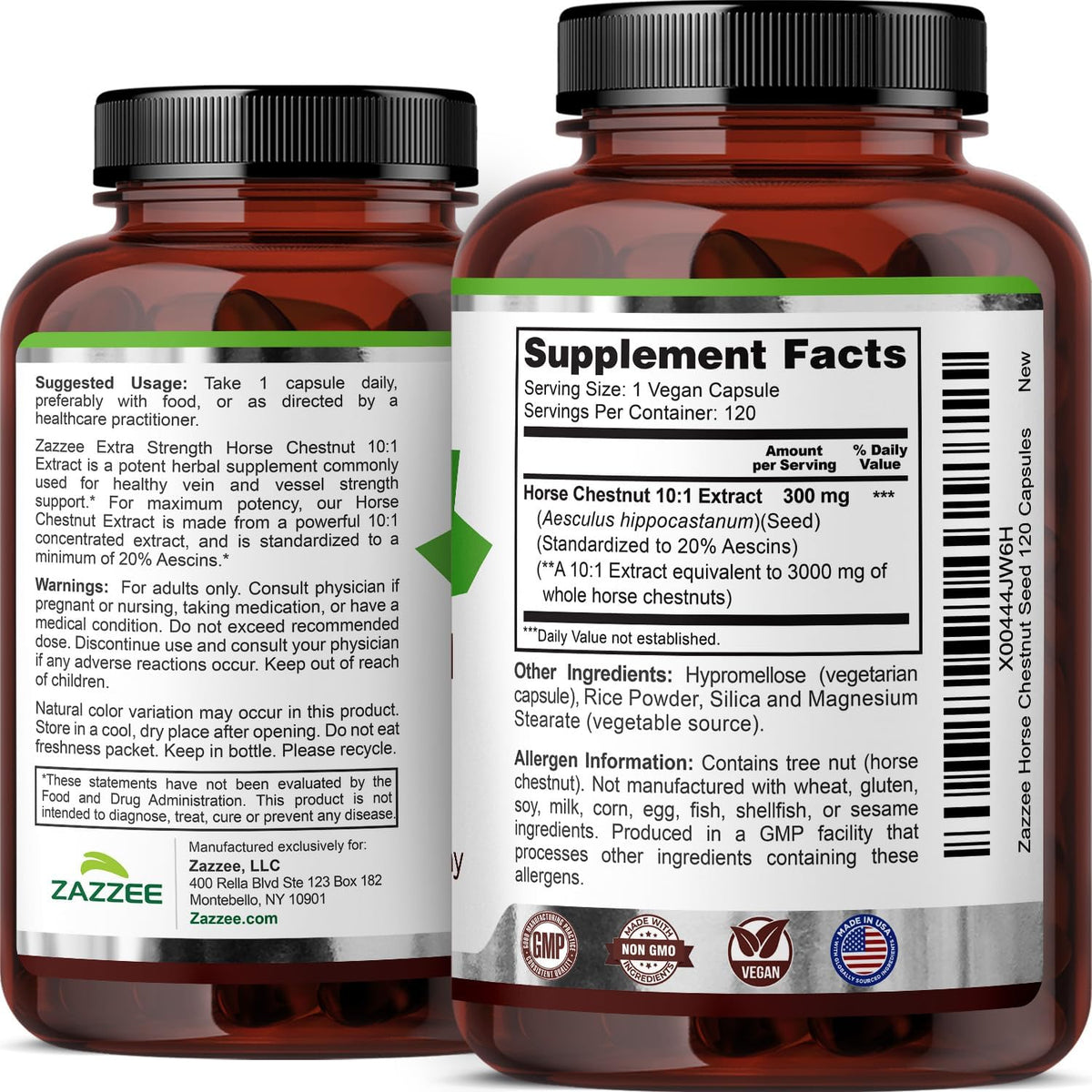 Zazzee Extra Strength Horse Chestnut 10:1 Extract, 20% Aescins, 120 Vegan Capsules, 4 Month Supply, Aesculus Hippocastanum, Healthy Circulation & Blood Flow Support, Non-GMO, Made in the USA - PrimeBioHealth - canada supplements