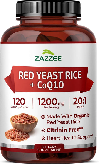Zazzee Organic Red Yeast Rice 20:1 Extract with CoQ10, Citrinin-Free, 1200 mg per Serving, 80 mg CoQ10, 120 Vegan Capsules, Healthy Heart & Cardiovascular Support, Non-GMO, Made in the USA - PrimeBioHealth - canada supplements