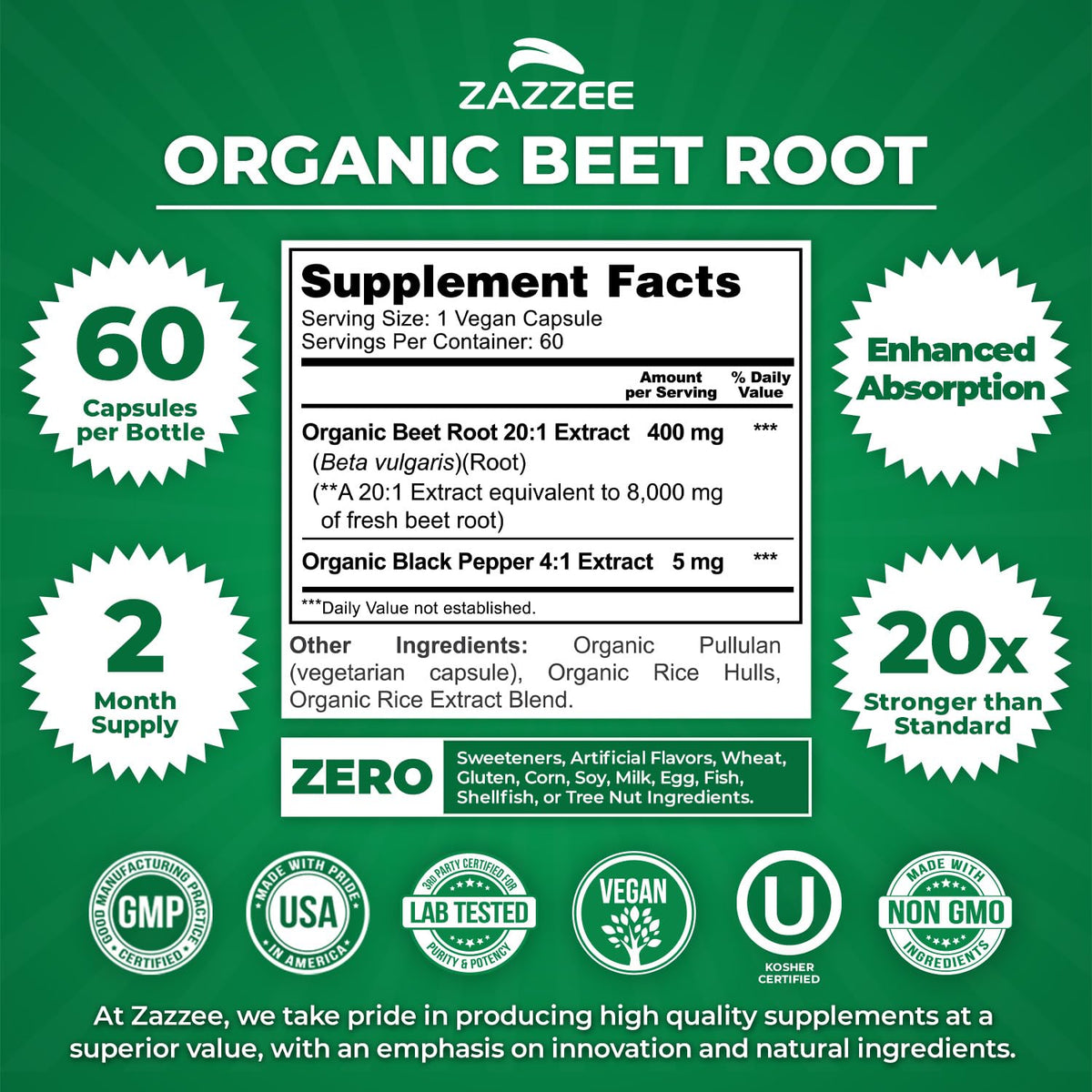 Zazzee USDA Organic Beet Root 20:1 Extract, 120 Vegan Quick Release Capsules, 4 Month Supply, Nitric Oxide Support, Black Pepper Extract for Enhanced Absorption, Certified Kosher, Non-GMO, Made in USA - PrimeBioHealth - canada supplements