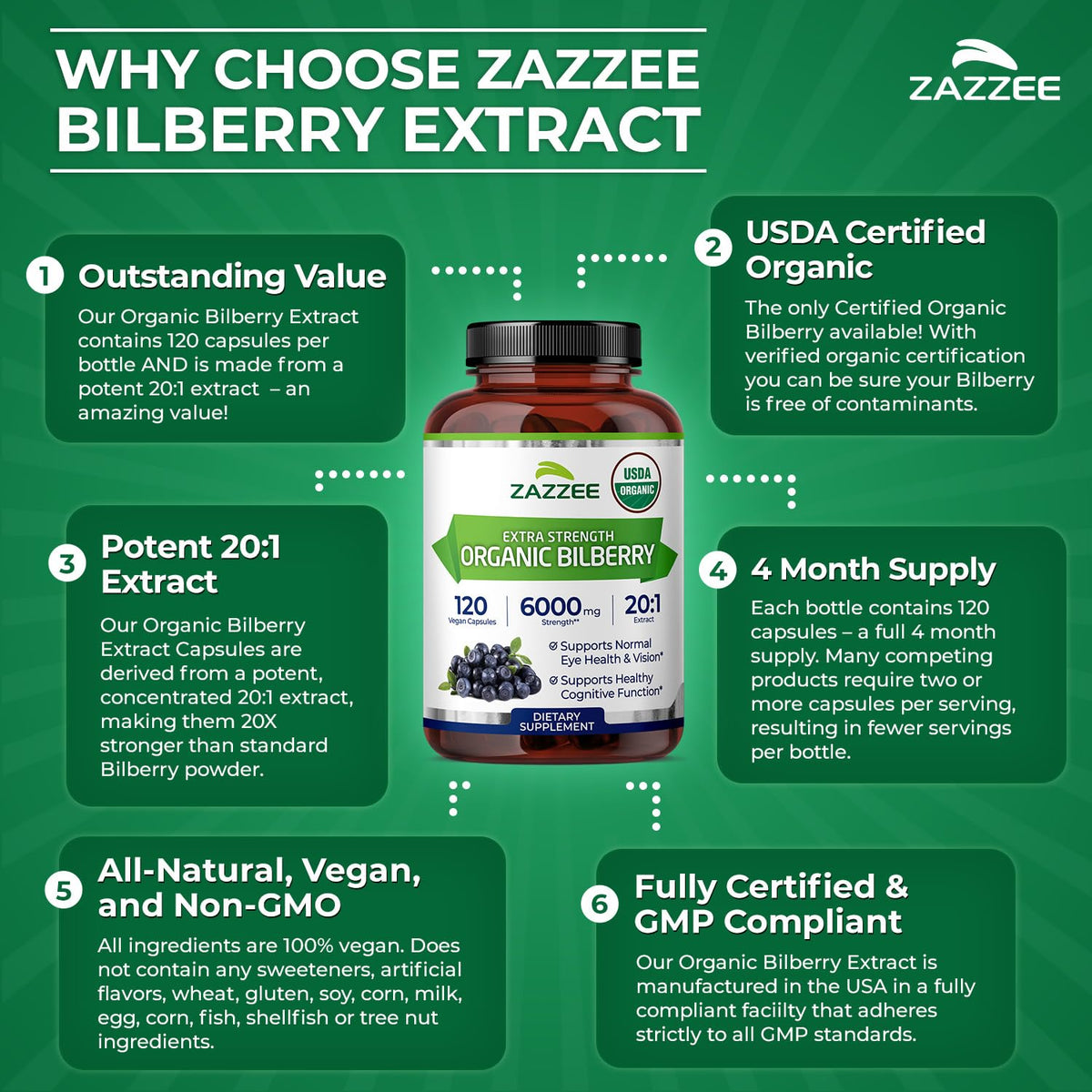 Zazzee USDA Organic Bilberry 20:1 Extract, 120 Vegan Capsules, 4 Month Supply, Vaccinium Myrtillus, Eye Health, Vision & Antioxidant Support, All-Natural, Non-GMO, Made in the USA - PrimeBioHealth - canada supplements