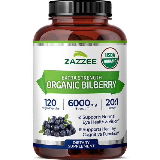 Zazzee USDA Organic Bilberry 20:1 Extract, 120 Vegan Capsules, 4 Month Supply, Vaccinium Myrtillus, Eye Health, Vision & Antioxidant Support, All-Natural, Non-GMO, Made in the USA - PrimeBioHealth - canada supplements