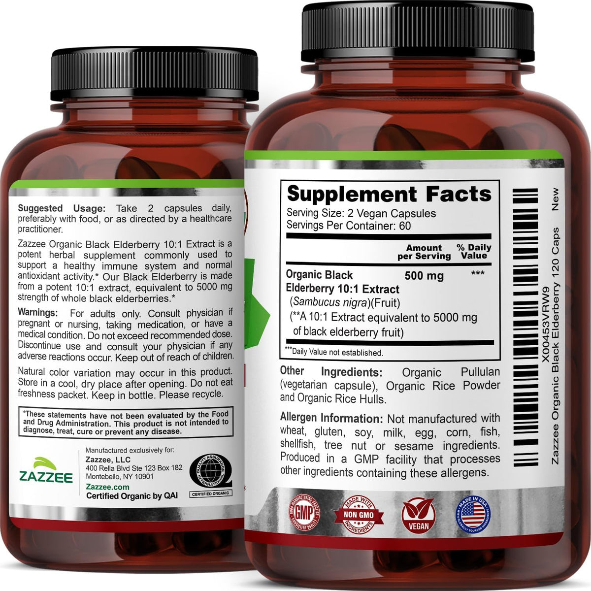 Zazzee USDA Organic Black Elderberry 10:1 Extract, 120 Vegan Capsules, 2 Month Supply, Sambucus Nigra, Antioxidant & Immune Support, Concentrated 10X Extract, All-Natural, Non-GMO, Made in the USA - PrimeBioHealth - canada supplements