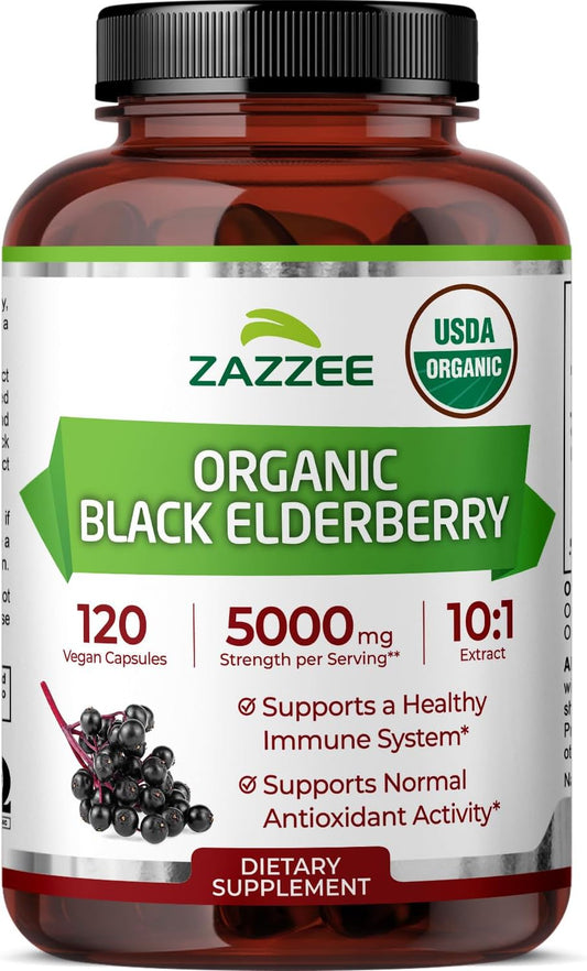 Zazzee USDA Organic Black Elderberry 10:1 Extract, 120 Vegan Capsules, 2 Month Supply, Sambucus Nigra, Antioxidant & Immune Support, Concentrated 10X Extract, All-Natural, Non-GMO, Made in the USA - PrimeBioHealth - canada supplements