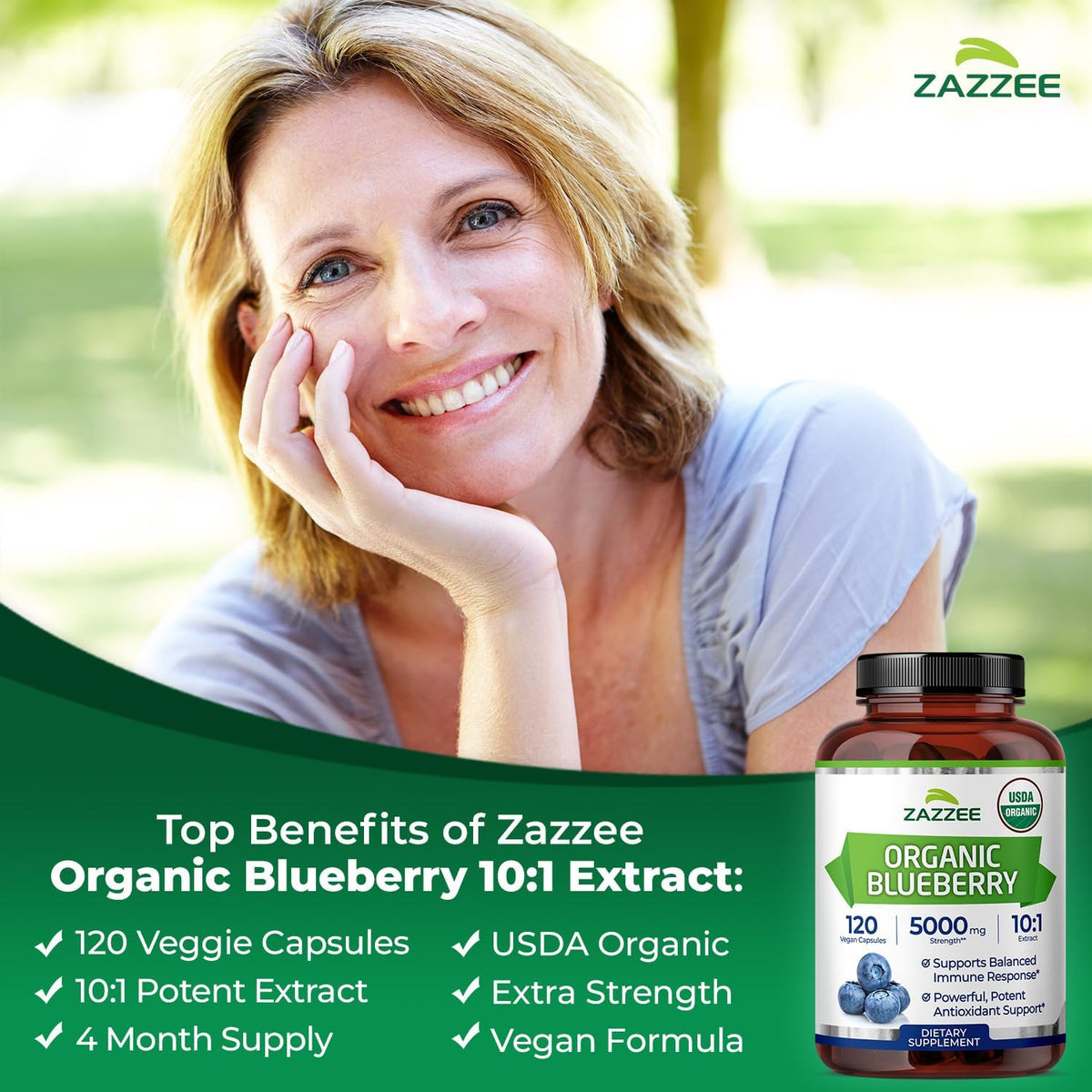 Zazzee USDA Organic Blueberry 10:1 Extract, 120 Vegan Capsules, 4 Month Supply, Whole Fruit, Vaccinium Angustifolium, Antioxidant & Cellular Health Support, Herbal Supplement, Non-GMO, Made in the USA - PrimeBioHealth - canada supplements