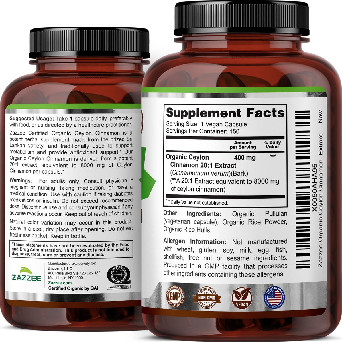 Zazzee USDA Organic Ceylon Cinnamon 20:1 Extract, 150 Vegan Capsules, 5 Month Supply, Sri Lankan Variety, Cinnamomum Verum, Antioxidant & Metabolic Support, All-Natural, Non-GMO, Made in the USA - PrimeBioHealth - canada supplements