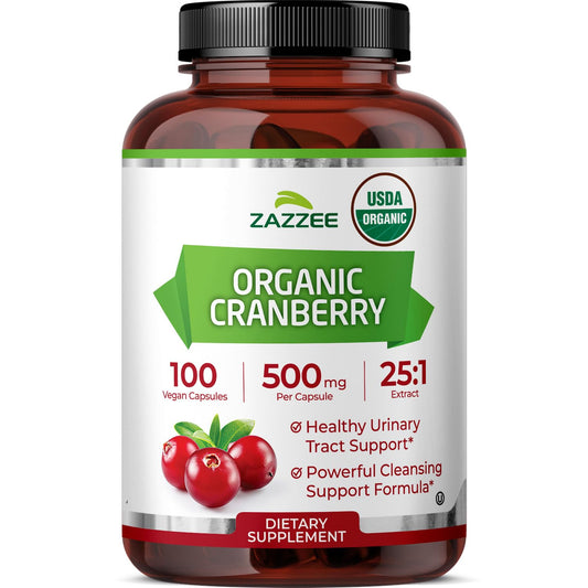 Zazzee USDA Organic Cranberry 25:1 Extract, 500 mg per Capsule, 100 Vegan Capsules, 3+ Month Supply, Certified Kosher, Vaccinium Macrocarpon, Non-GMO, Made in the USA - PrimeBioHealth - canada supplements