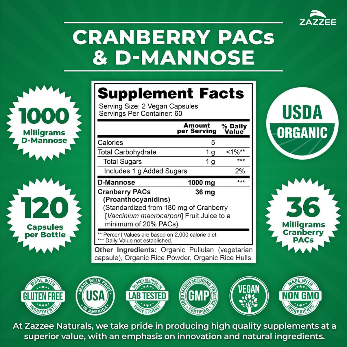Zazzee USDA Organic Cranberry PACs & D-Mannose, 36 mg PACs per Serving, 1000 mg D-Mannose per Serving, 120 Vegan Capsules, 2 Month Supply, Urinary Tract & Bladder Support, Non-GMO, Made in the USA - PrimeBioHealth - canada supplements