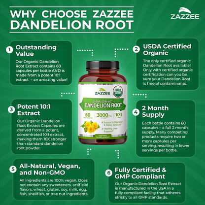 Zazzee USDA Organic Dandelion Root 10:1 Extract, 120 Capsules, 4 Month Supply, Liver & Detox Support, Taraxacum Officinale, Organic Herbal Supplement, All-Natural, Non-GMO, Made in the USA - PrimeBioHealth - canada supplements
