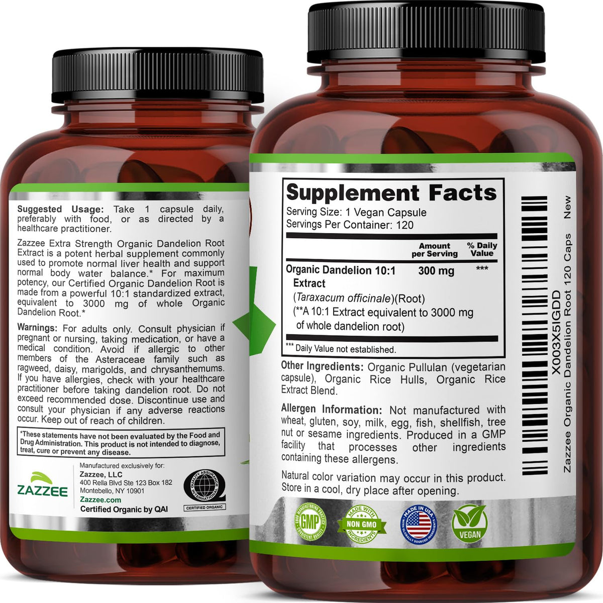 Zazzee USDA Organic Dandelion Root 10:1 Extract, 120 Capsules, 4 Month Supply, Liver & Detox Support, Taraxacum Officinale, Organic Herbal Supplement, All-Natural, Non-GMO, Made in the USA - PrimeBioHealth - canada supplements
