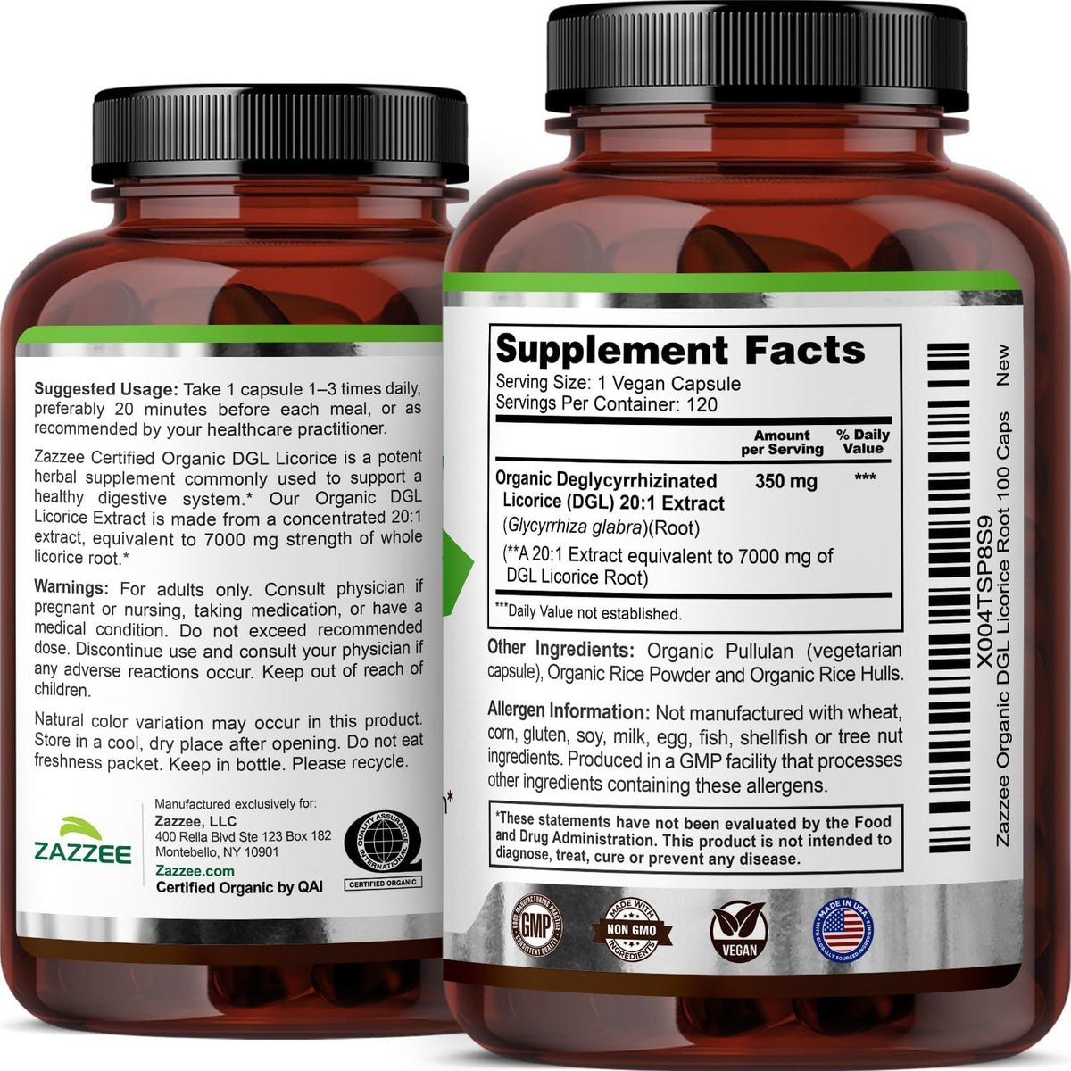 Zazzee USDA Organic DGL Licorice 20:1 Extract, 120 Vegan Capsules, 4 Month Supply, Deglycyrrhizinated Licorice Root, Glycyrrhiza Glabra, Digestive & Stomach Support, All-Natural, Non-GMO, Made in USA - PrimeBioHealth - canada supplements
