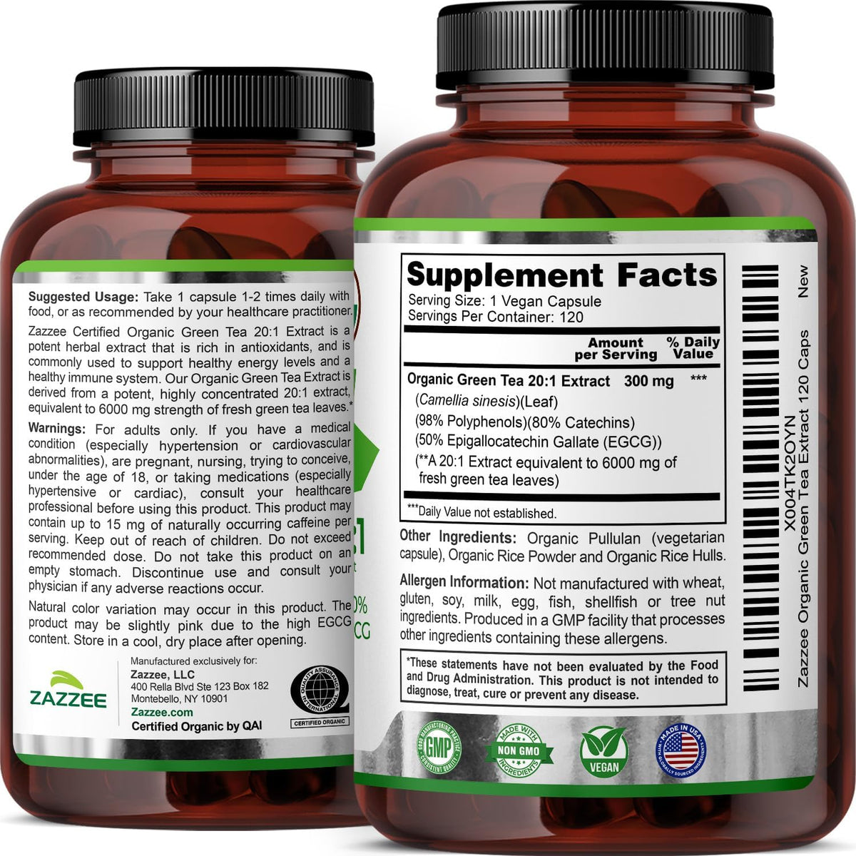 Zazzee USDA Organic Green Tea 20:1 Extract, 50% EGCG, 98% Polyphenols, 80% Catechins, 120 Vegan Capsules, 4 Month Supply, Antioxidant, Metabolism & Energy Support, Non-GMO, All-Natural, Made in USA - PrimeBioHealth - canada supplements