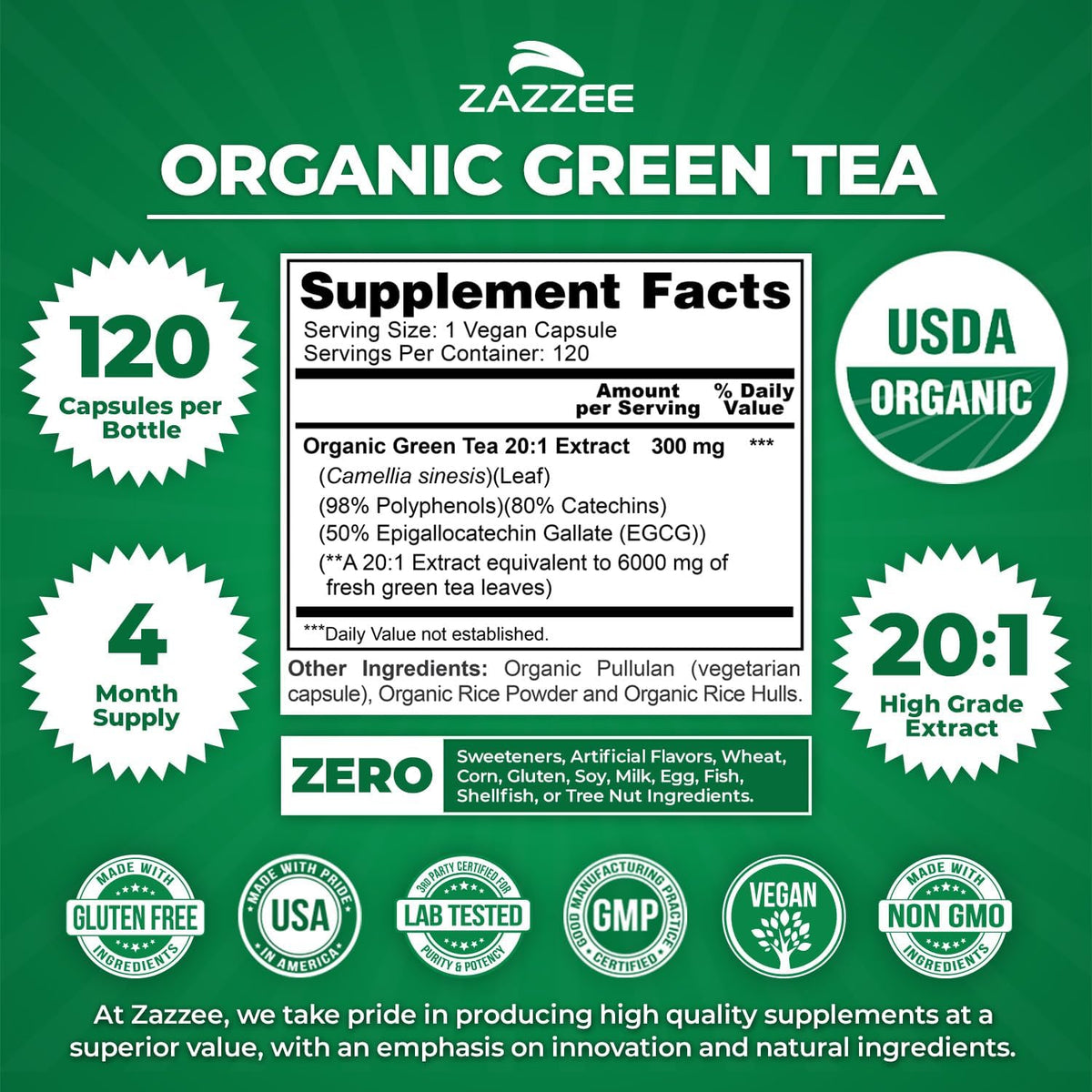 Zazzee USDA Organic Green Tea 20:1 Extract, 50% EGCG, 98% Polyphenols, 80% Catechins, 120 Vegan Capsules, 4 Month Supply, Antioxidant, Metabolism & Energy Support, Non-GMO, All-Natural, Made in USA - PrimeBioHealth - canada supplements