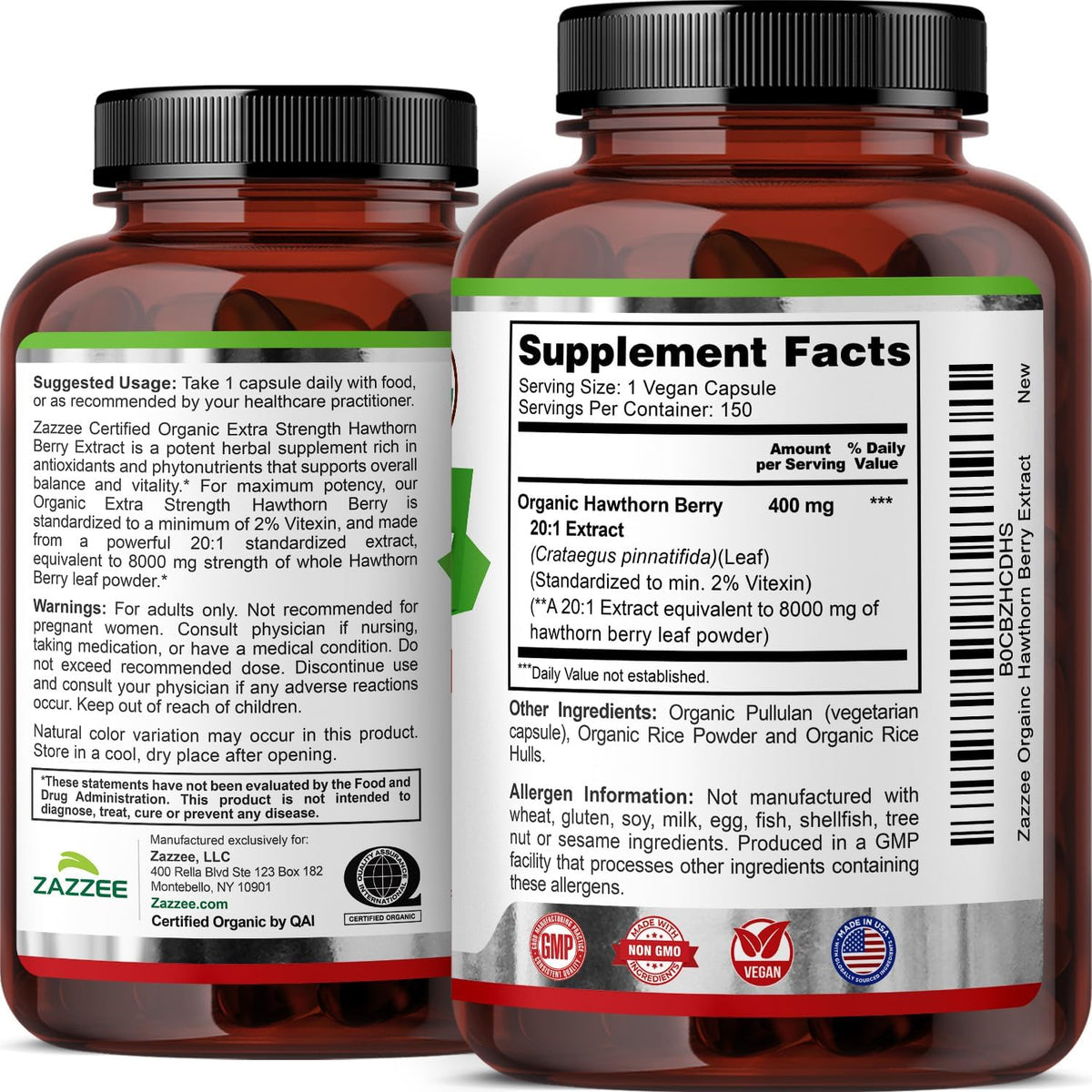 Zazzee USDA Organic Hawthorn Berry 20:1 Extract, 2% Vitexin, 150 Capsules | 5 Month Supply, Vegan, Crataegus Pinnatifida, Antioxidant & Circulation Support, Herbal Supplement, Non-GMO, Made in the USA - PrimeBioHealth - canada supplements