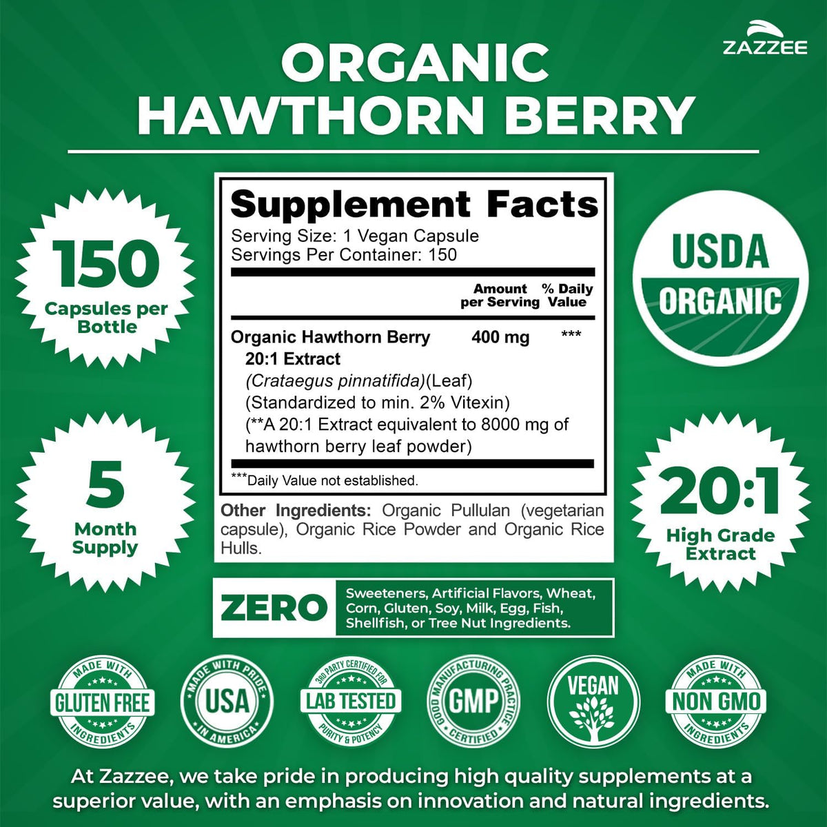 Zazzee USDA Organic Hawthorn Berry 20:1 Extract, 2% Vitexin, 150 Capsules | 5 Month Supply, Vegan, Crataegus Pinnatifida, Antioxidant & Circulation Support, Herbal Supplement, Non-GMO, Made in the USA - PrimeBioHealth - canada supplements