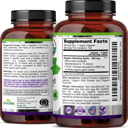 Zazzee USDA Organic Odorless Garlic 20:1 Extract, 1% Allicin, 100 Vegan Capsules, 3+ Month Supply, Allium Sativum, Immune, Circulation & Heart Health Support, All-Natural, Non-GMO, Made in the USA - PrimeBioHealth - canada supplements