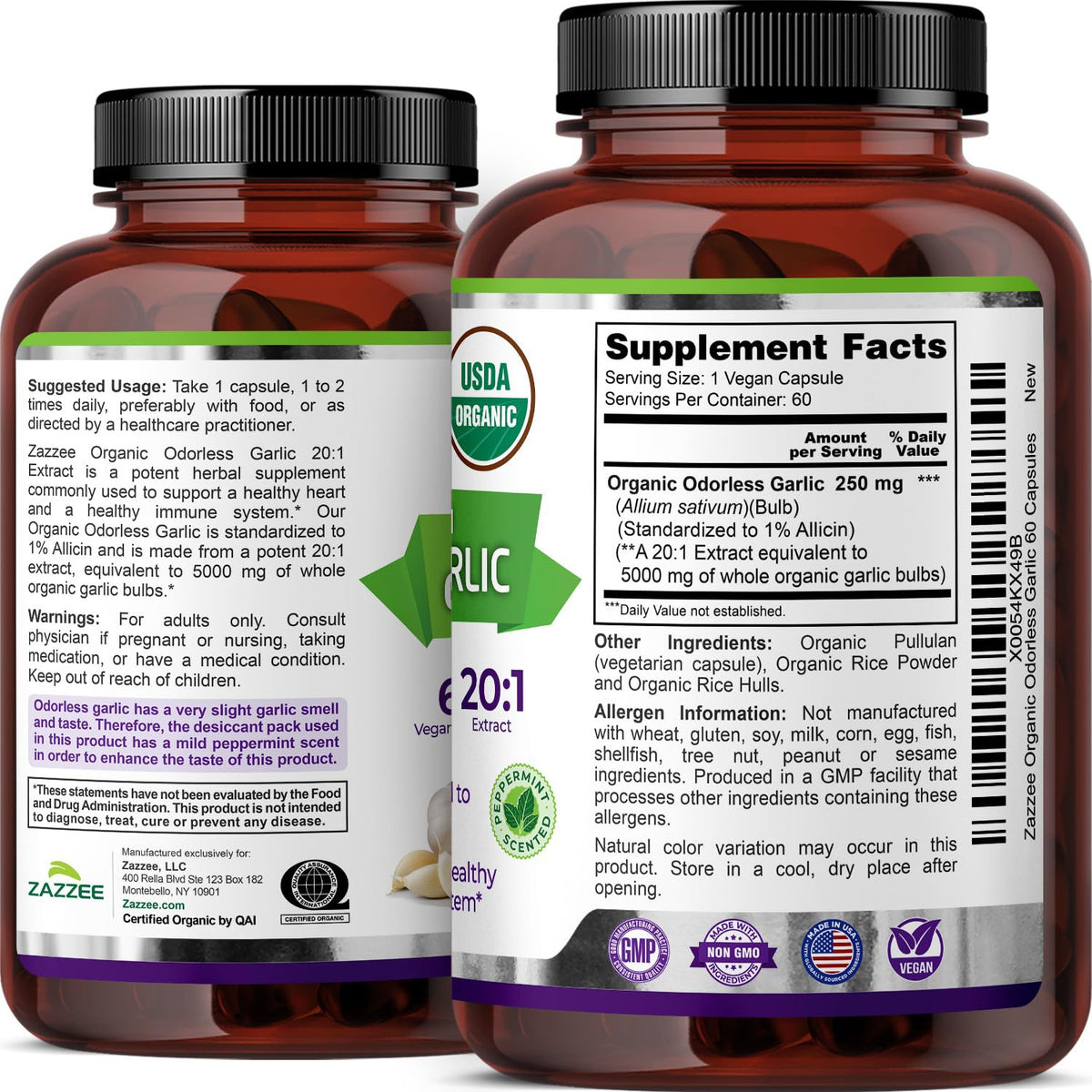 Zazzee USDA Organic Odorless Garlic 20:1 Extract, 1% Allicin, 100 Vegan Capsules, 3+ Month Supply, Allium Sativum, Immune, Circulation & Heart Health Support, All-Natural, Non-GMO, Made in the USA - PrimeBioHealth - canada supplements