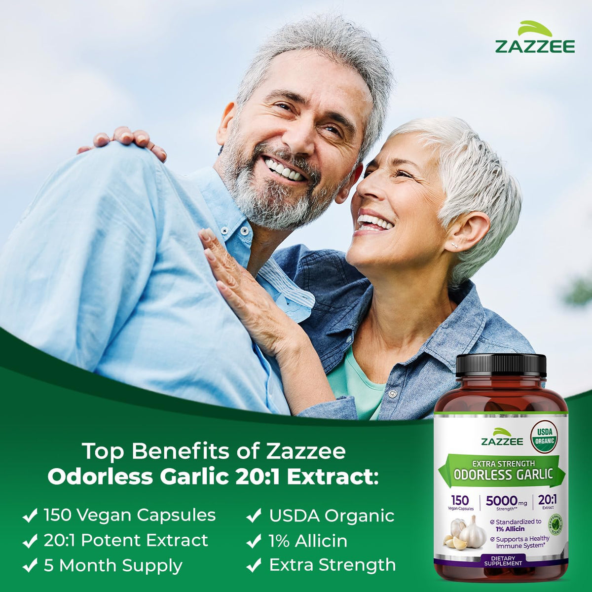 Zazzee USDA Organic Odorless Garlic 20:1 Extract, 1% Allicin, 100 Vegan Capsules, 3+ Month Supply, Allium Sativum, Immune, Circulation & Heart Health Support, All-Natural, Non-GMO, Made in the USA - PrimeBioHealth - canada supplements