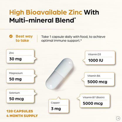 Zinc 30mg With Copper, Selenium & Vitamin D3 | 120 Capsules | Magnesium, Vitamin B6, Biotin | Absorbable Zink Supplements for Men & Women | Chelated Zinc - PrimeBioHealth - canada supplements